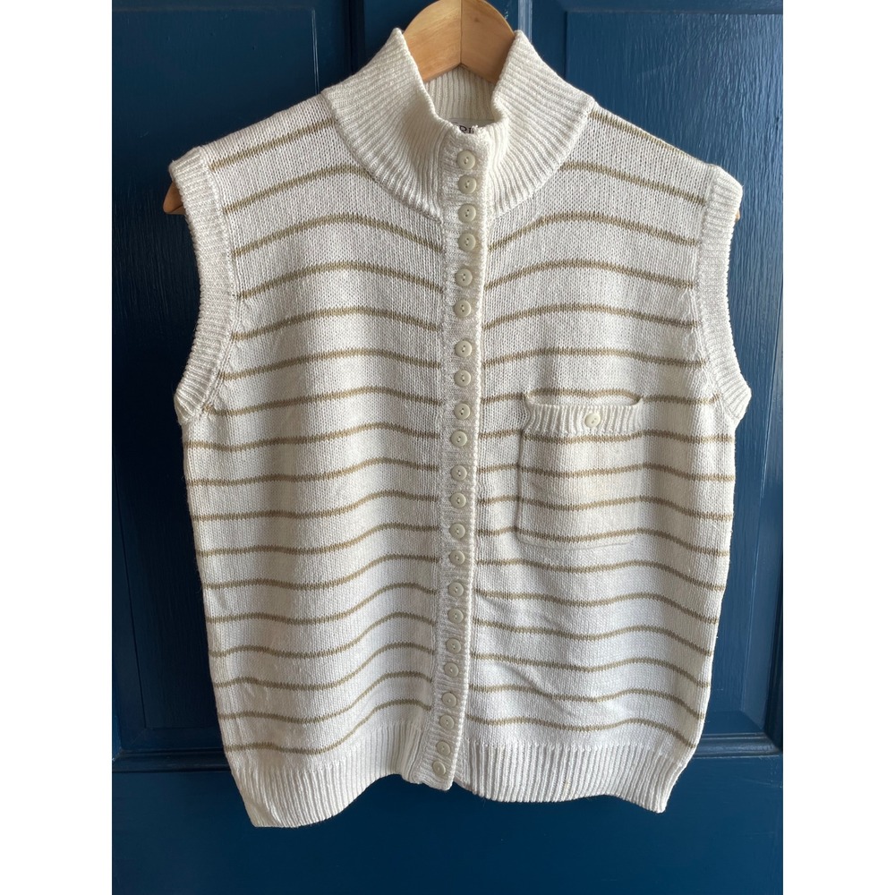 Vintage Erika Sweater Vest Cream and Tan Stripes Button Front Mock Neck Large